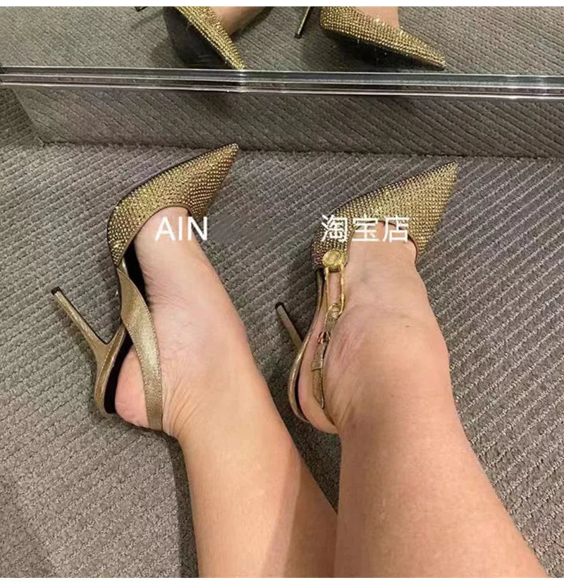 Elegant Rhinestone Pointed Toe Slingback Heels